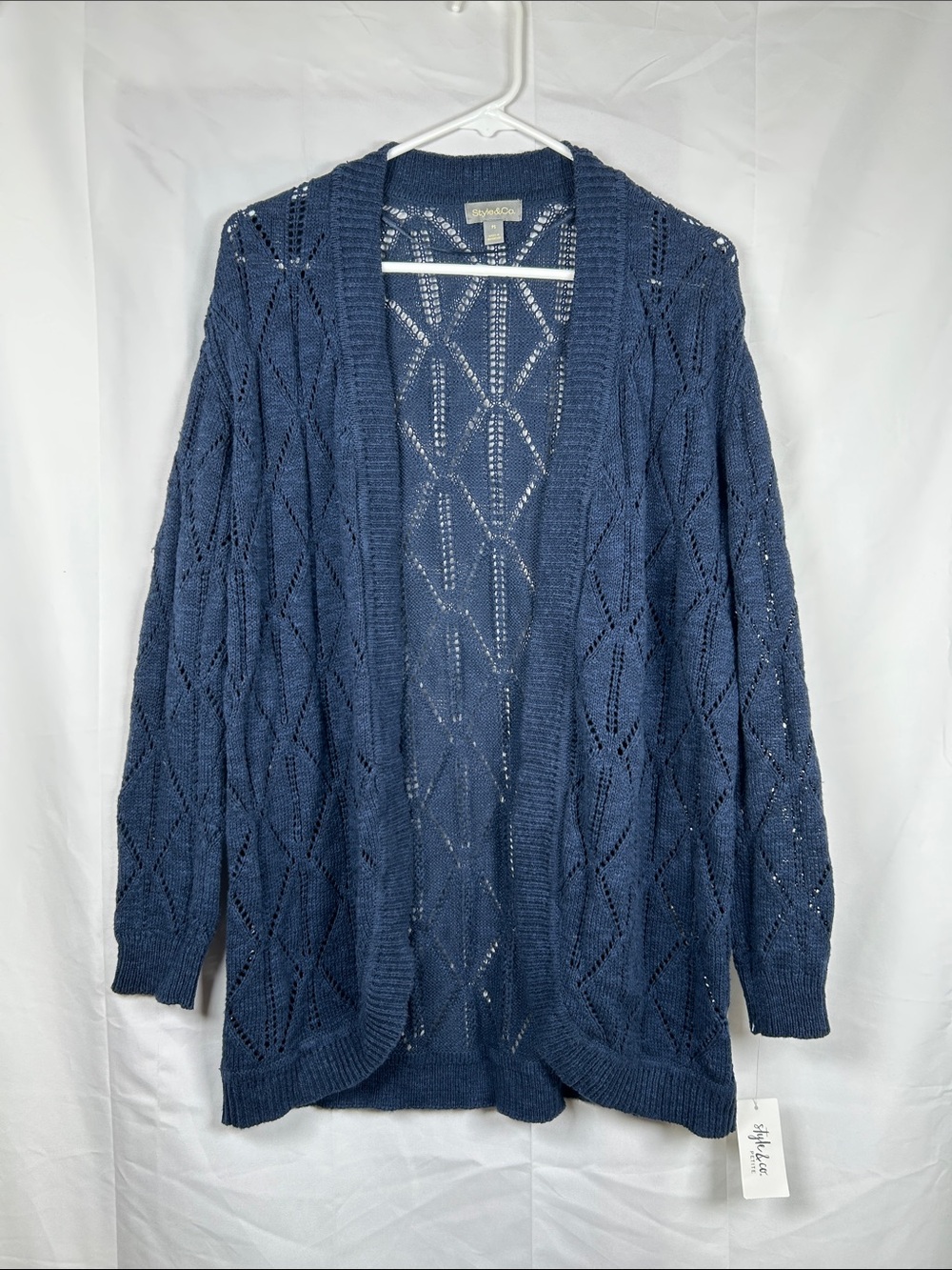 Style & Co Coastal Classic Open Front Cardigan Size Petite Small Blue Open Knit
